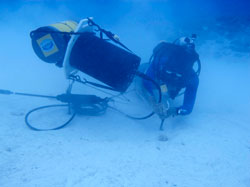Simon Freeman deploys one of the acoustic listening devices at Pearl and Hermes Atoll.