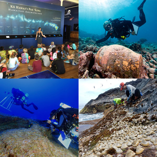 Clockwise from top left: Educational program at Mokupāpapa Discovery Center (Credit: NOAA). Dr. Kelly Keogh investigates a ginger jar at the <i>Two Brothers</i> shipwreck site (Credit: NOAA). A long-term monitoring time series of the rocky intertidal habitats with community partners is a part of the ʻOpihi Partnership (Credit: Kim Morishige/NOAA). NOAA scientists doing coral reef monitoring at a depth of 200 ft (Credit: Greg McFall/NOAA).