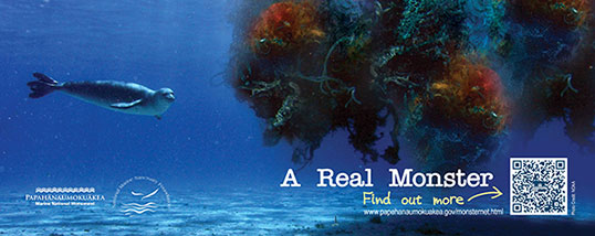 Image of PMNM's marine debris campaign poster appearing on the public bus system on Oʻahu.