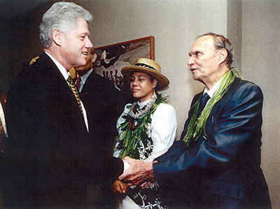 President Bill Clinton, Buzzy Agard and Tammy Harp at the announcement of the Executive Order establishing the Northwestern Hawaiian Islands Coral Reef Ecosystem Reserve in 2001 at the National Geographic Society headquarters in Washington, DC.