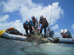 Workers hauling marine debris onto small boats to transfer to basecamp.