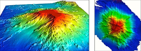 3-D maps of Turnif Seamount and  Wentworth Seamount.