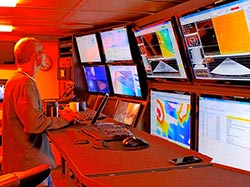 A view of the sonar mapping control room aboard the R/V Falkor.