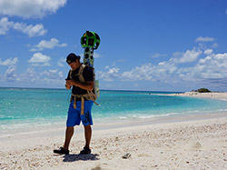 Kālewa Correa captures 3D spatial imagery with the Google Street View Trekker.