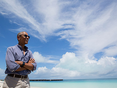 President Barack Obama at Turtle Beach on Midway Atoll National Wildlife Refuge and Battle of Midway National Memorial within Papahānaumokuākea Marine National Monument.