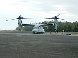 An Osprey drops the crew off at Midway Island where they meet up with other Northwest Hawaiian Island evacuees.    