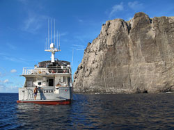 After a 30-hour journey from Honolulu, researchers aboard the M/V Searcher arrive at Nihoa Island.