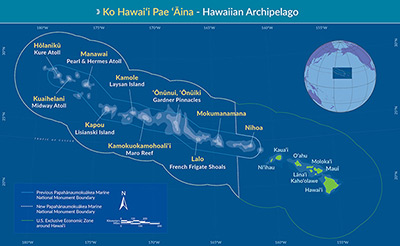 Map of Hawaiʻi highlighting Papahānaumokuākea's new boundaries.