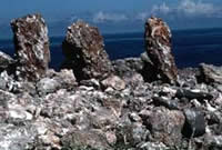 Basalt alters, marae, line the spine of Mokumanamana.  Photo by Monte Costa.
