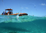 NOAA Vessel Hiʻialakai's small boat tends to divers working in Midway Atoll at the sunken Brewster F2A-3 Buffalo site.