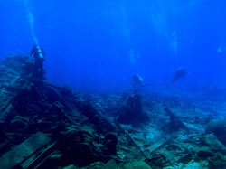 The archaeology team maps the wreck of the Quartette at Pearl and Hermes Atoll.