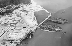Boat basin and submarine piers at Sand Island, Midway Atoll on 29 September, 1943.
