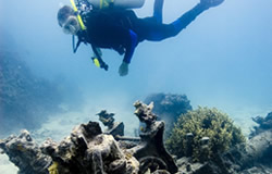 Sean Corson swims above a windlass at the Oshima shipwreck site.
