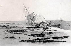 Sketch of USS Saginaw on the reef at Kure Atoll.