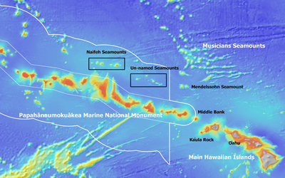 Map showing area (outlined in black) within Papahānaumokuākea Marine National Monument to be surveyed during the expedition. White lines show original and expanded boundaries of the Monument.