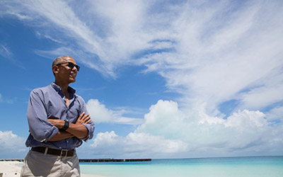 President Barack Obama at Turtle Beach on Midway Atoll National Wildlife Refuge and Battle of Midway National Memorial within Papahānaumokuākea Marine National Monument. Official White House Photo by Pete Souza