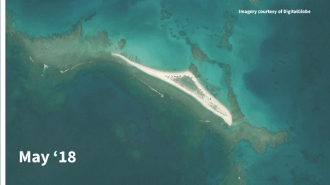 The before and after satellite images of the impacts upon East Island from Hurricane Walaka in French Frigate Shoals.