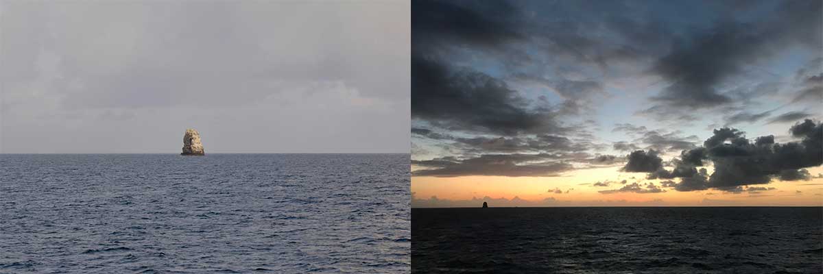 Two perspectives of La Perouse pinnacle. In the past, its been mistaken as a shipʻs sail because
of the guano covered surface.