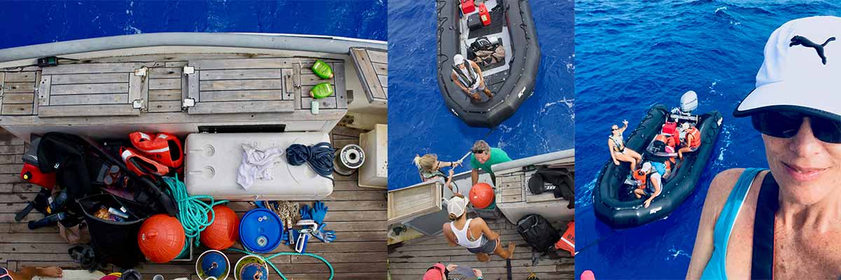Left: Gear waiting to be loaded on the zodiac. Middle and Right: Gear waiting to be loaded on the zodiac.