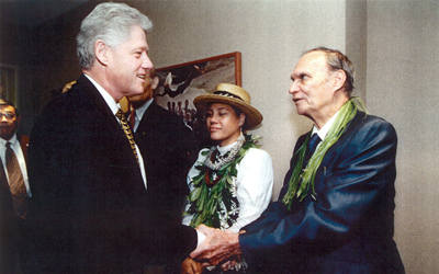 President Bill Clinton, Buzzy Agard and Tammy Harp at the announcement of the Executive Order establishing the Northwestern Hawaiian Islands Coral Reef Ecosystem Reserve in 2001.