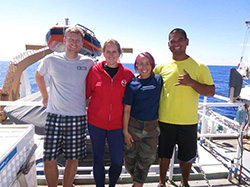 Paula (second from right) with Fish Team members Tate Wester (left), a Marine Biology student at UH-Mānoa, Julia Rose, a MOP student at UH-Hilo, and Kalani Quiocho, a TNC Marine Fellow.